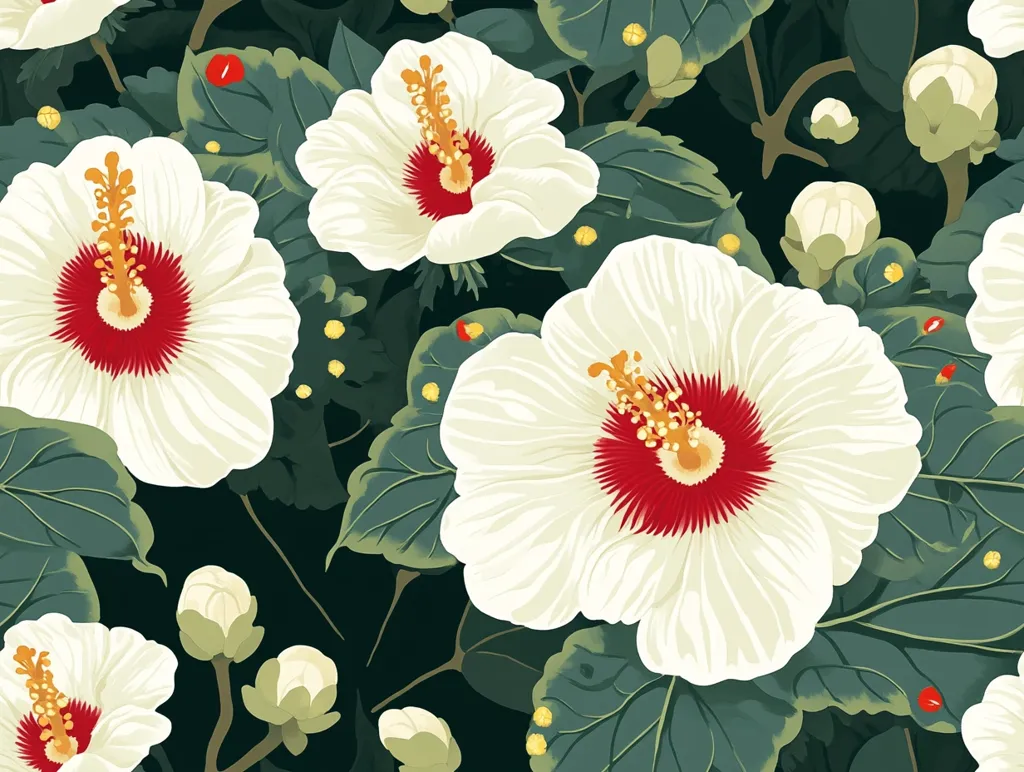 A vibrant floral pattern featuring large, white hibiscus flowers with prominent red centers, surrounded by lush, green foliage. The flowers are arranged in a seemingly random but aesthetically pleasing pattern, creating a sense of depth and movement. The dark background further emphasizes the bright colors of the blooms.