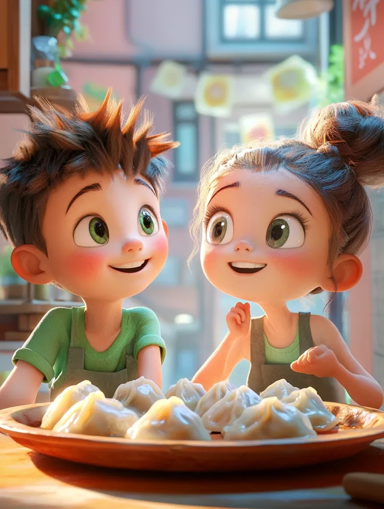 A cartoon boy and girl, with large eyes and smiles, sit at a table with a plate of steamed dumplings in front of them. The girl is wearing a green tank top and an apron, while the boy is wearing a green shirt and an apron. They are both looking up and out of the frame, as if they are looking at something interesting.  The table is made of wood, and the plate is made of brown clay. The background is a blurry image of a shop with windows and a sign in Chinese characters.