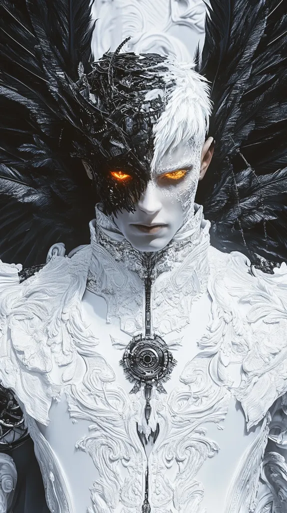 A person with white hair and an elaborate white costume, adorned with intricate detailing, stares intensely towards the viewer.  Their face is partially obscured by a black, mechanical mask, revealing only one glowing orange eye.  The person is flanked by black feathered wings, emphasizing the contrast between light and darkness.