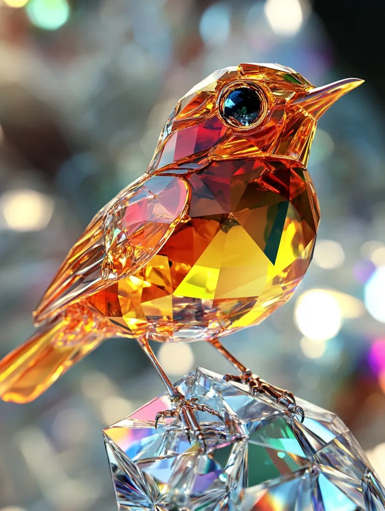 A crystal bird, with a vibrant orange and yellow body, stands on a clear crystal base. It has a delicate, faceted design and a single, blue eye that gleams with a captivating shine. The background is a blur of soft, shimmering colors, creating a dreamy and enchanting atmosphere. The bird's detailed craftsmanship highlights the artistry of the piece.