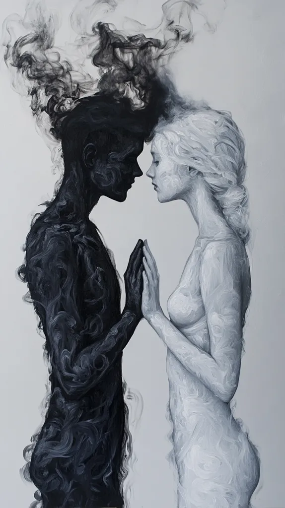 The painting depicts two figures, one male and one female, standing side by side. The male figure is dark and shadowy, his body seemingly made of swirling smoke. The female figure is light and ethereal, her body composed of soft, flowing lines. Their hands are clasped together, symbolizing a connection between darkness and light. The background is a simple, light gray, allowing the figures to stand out.  The painting evokes a sense of mystery and contrast, possibly representing the duality of human nature or the interplay of opposites.