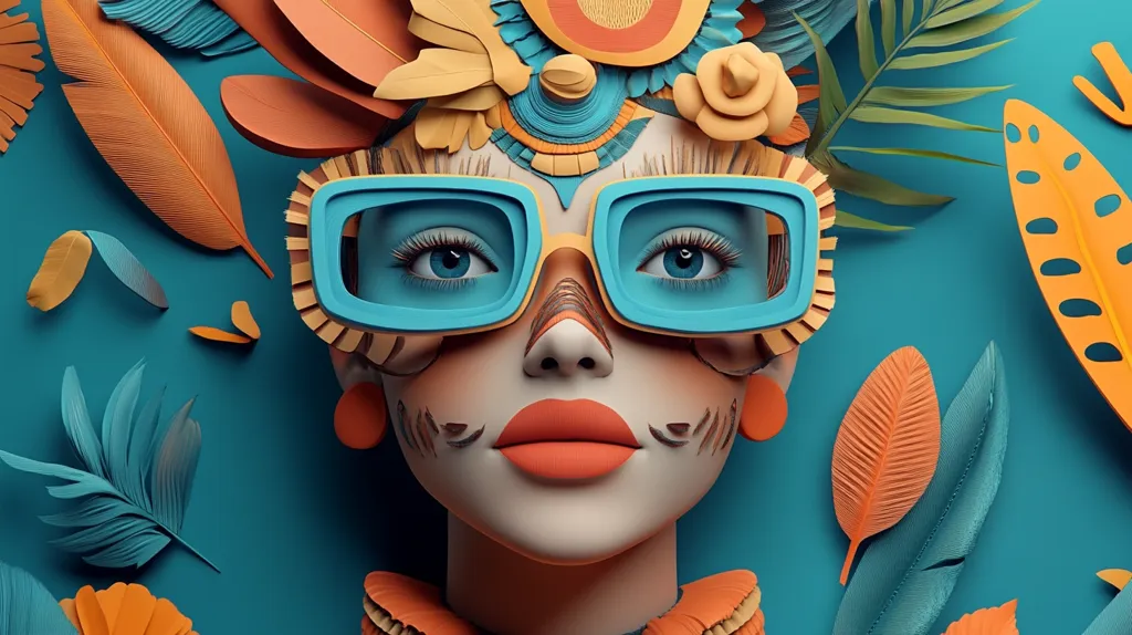 A stylized, 3D-rendered image of a woman with vibrant blue eyes and a bright orange lip, framed by blue and gold sunglasses. Her face is adorned with intricate, paper-like, orange and blue designs that evoke tropical flora, surrounded by stylized leaves against a turquoise background. The image has a playful, whimsical, and slightly surreal tone.