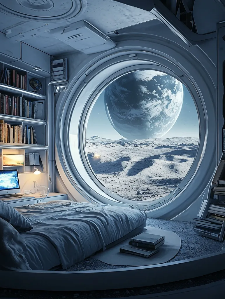 The image depicts a futuristic bedroom with a large, circular window offering a breathtaking view of a distant planet and a barren, alien landscape. The room is decorated in a minimalist style with a comfortable bed, a desk with a computer, and a bookshelf filled with books. The lighting is soft and inviting, creating a serene and peaceful atmosphere.