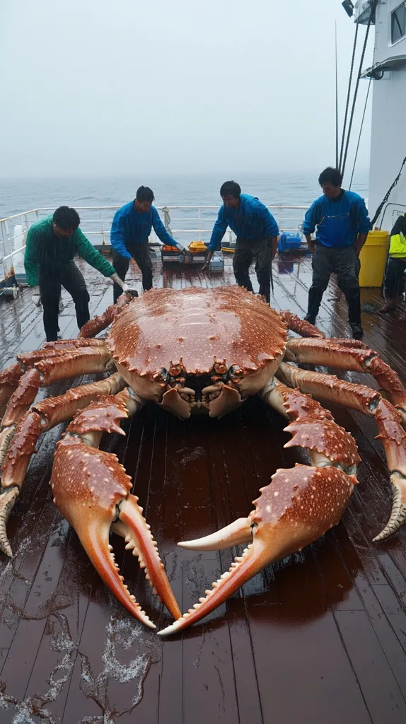 A colossal crab, larger than a human, lies on the deck of a ship. Four men, dwarfed by the creature, stand around it. The crab's massive claws are spread out, and its carapace is covered in bumps and ridges. The wooden deck is wet, suggesting the crab was recently caught. The men appear to be fishermen, and the image captures the awe-inspiring size of this marine giant.