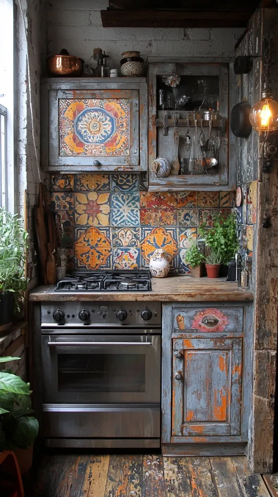A rustic kitchen with a mix of modern and vintage elements. The cabinets are painted in a distressed blue with a wood grain finish, featuring intricate floral patterns on the tile backsplash. A stainless steel oven and stovetop are contrasted against the distressed wood and ceramic tiles. The space is illuminated by a warm overhead light, creating a cozy and inviting ambiance.  The overall style is eclectic and bohemian, showcasing a unique and personal touch.