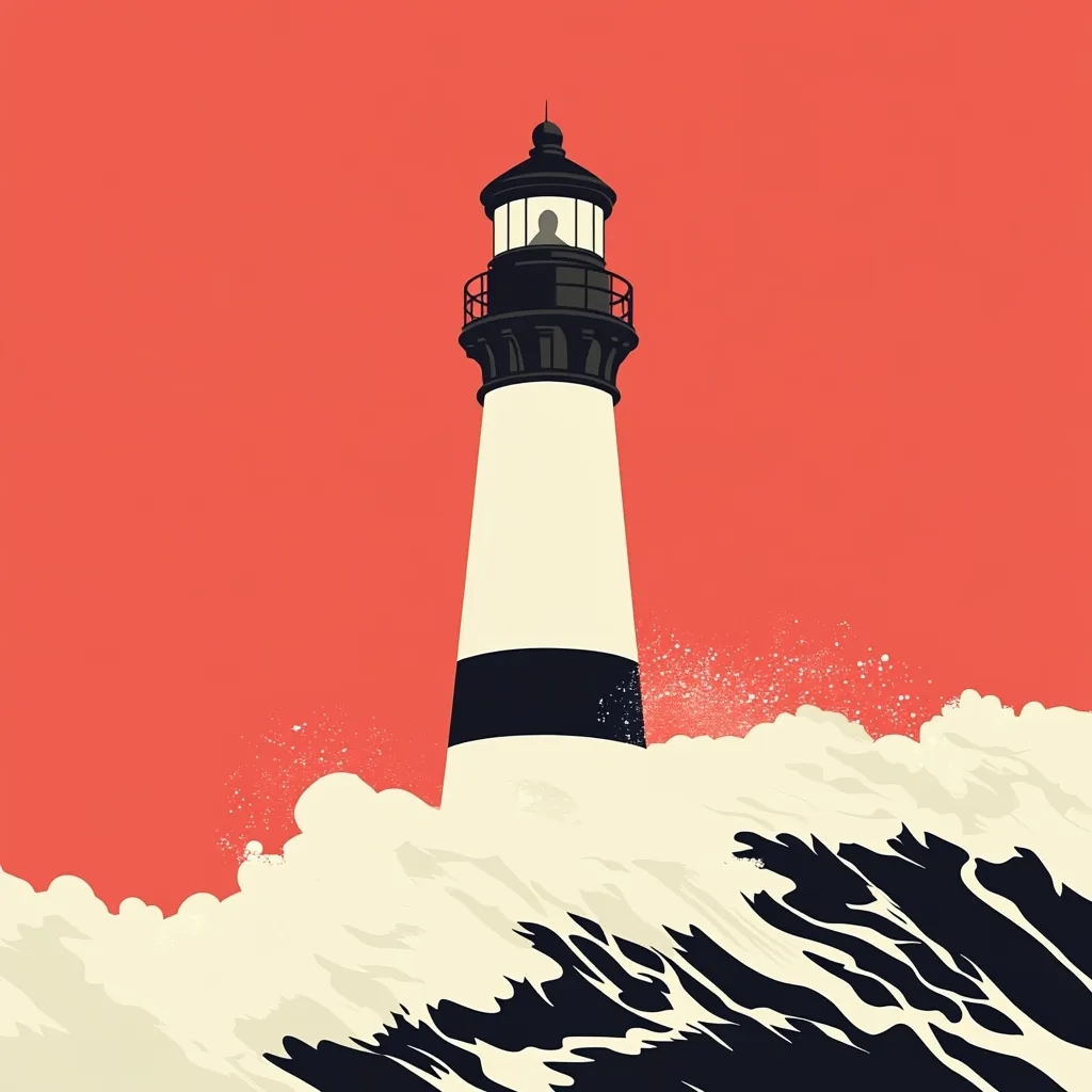 A tall, black and white lighthouse stands against a bright red background. It is partially submerged in a large wave, with white foam and black water crashing around it.  The lighthouse has a small window at the top, where a figure can be seen standing. The scene is a powerful and dramatic illustration of resilience and strength.