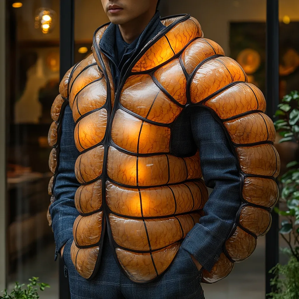 A man is wearing a unique jacket that appears to be made of inflated, translucent, orange material. The jacket is segmented and resembles a muscular torso, with glowing lights embedded within each section. The jacket is worn over a dark blue blazer and a white collared shirt. The man has a serious expression and his hands are in his pockets. The background is slightly blurred and shows a cafe setting.  The jacket gives the impression of a futuristic, armored garment.