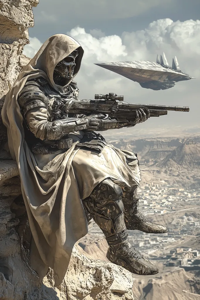 A hooded figure, clad in futuristic armor, sits perched on a rocky cliff, holding a futuristic rifle. They wear a skull mask, their gaze focused on the distant cityscape. A large, sleek spaceship flies overhead in the cloudy sky. The scene is a blend of gritty realism and sci-fi aesthetics, suggesting a post-apocalyptic world.