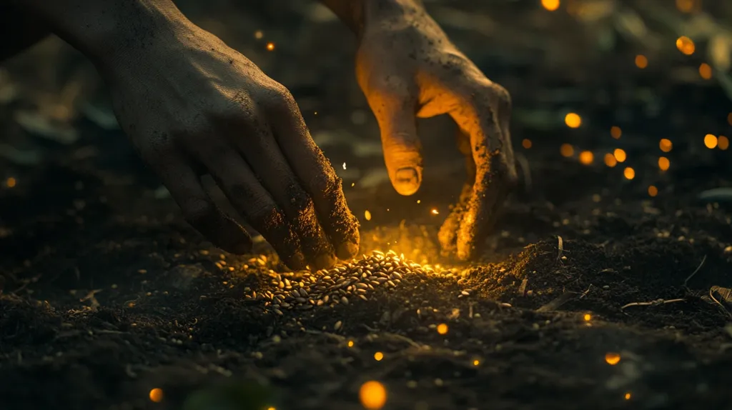 Two hands, covered in dirt, are rubbing together, creating a small spark of light. The light illuminates the dirt around the hands, showing a scattering of seeds and other debris. The image has a mystical feel, as if the hands are creating something magical.  The background is blurred, focusing on the hands and the light.