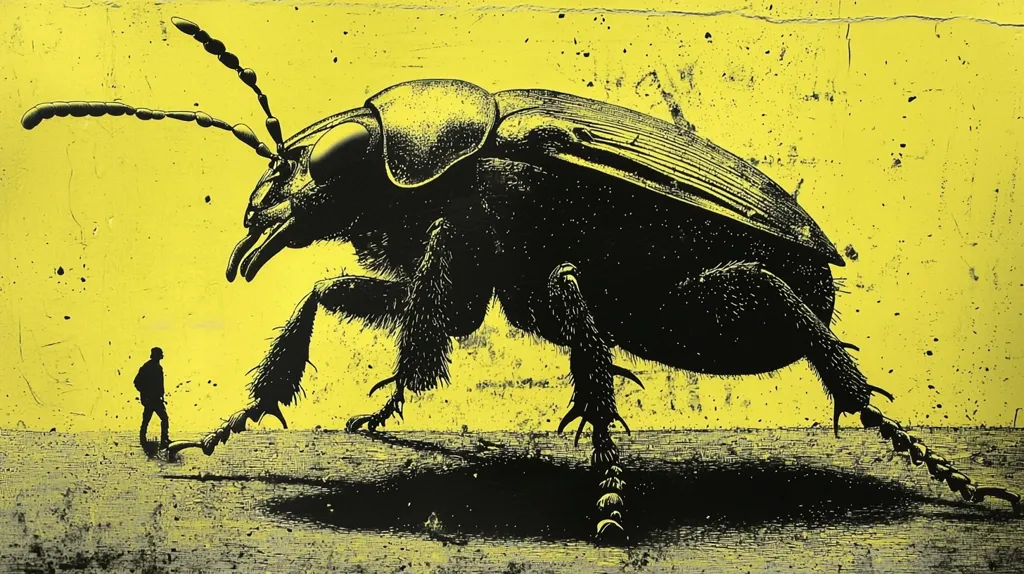 A large black beetle with segmented legs walks on a yellow background. The beetle is so big it dwarfs the small human silhouette in the bottom left corner. The beetle is a stark contrast to the yellow background and creates a sense of scale and awe. The image is a graphic representation of a beetle, almost like a drawing or a poster. The textured background suggests the image is on a wall or a piece of paper.