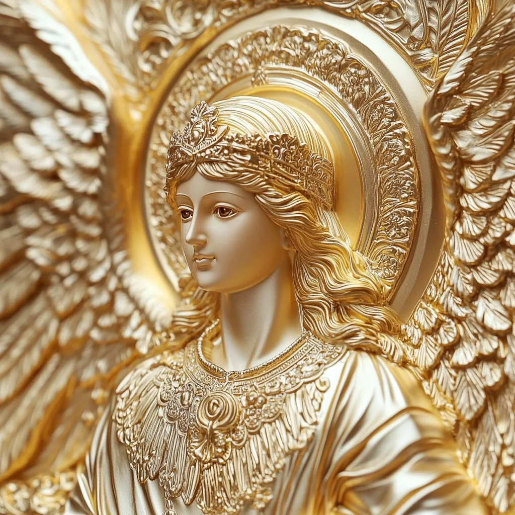 The image is a close-up of a golden sculpture depicting an angel. The angel is female, with long flowing hair and a crown, and is adorned with elaborate golden jewelry. Her wings are large and feathered, and the background is a halo of gold with intricate patterns. The sculpture is highly detailed and intricately crafted, giving it a sense of grandeur and religious reverence. The image evokes a sense of spirituality, beauty, and heavenly grace.