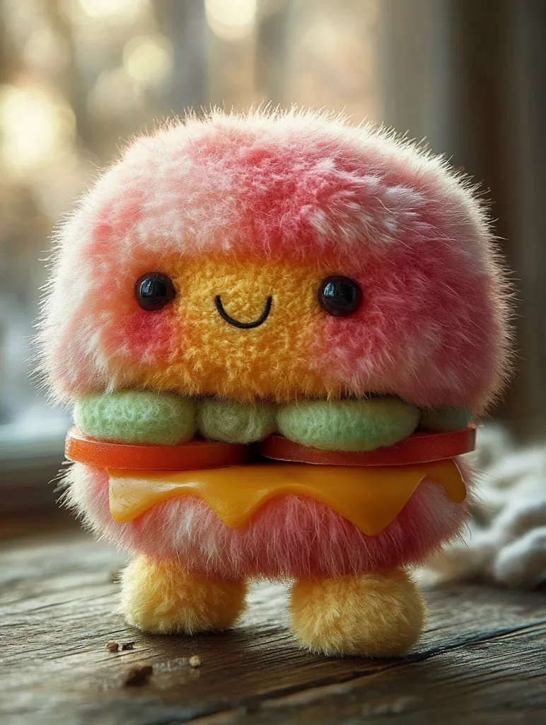 A fluffy, pink and yellow plushie shaped like a hamburger with a smiling face. It has green lettuce, a red tomato, and a yellow cheese slice. It is standing on a wooden surface. The plushie is soft and cuddly and appears to be a toy.
