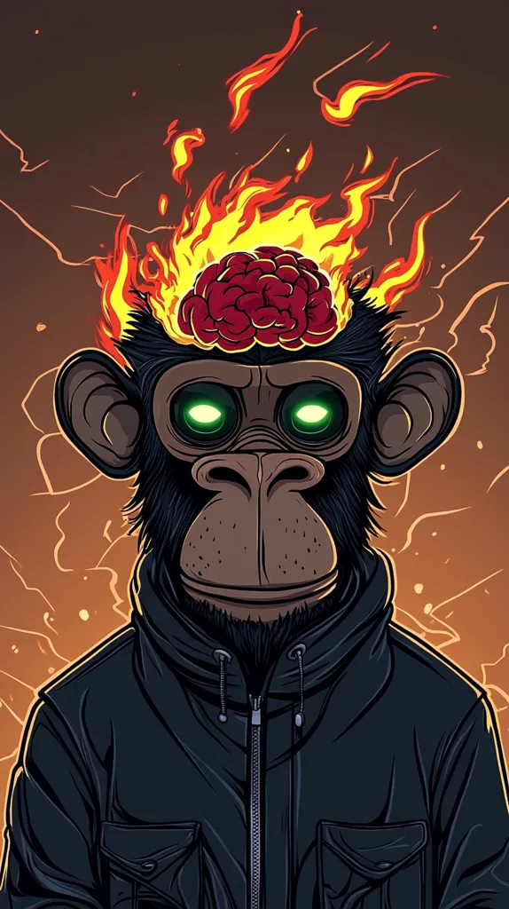 A stylized cartoon monkey with glowing green eyes and a brain on fire. The monkey is wearing a dark hooded jacket with a zipper. The background is a gradient of brown and orange, suggesting a sunset or fire. The image is a digital illustration, likely created for a graphic design or streetwear project.