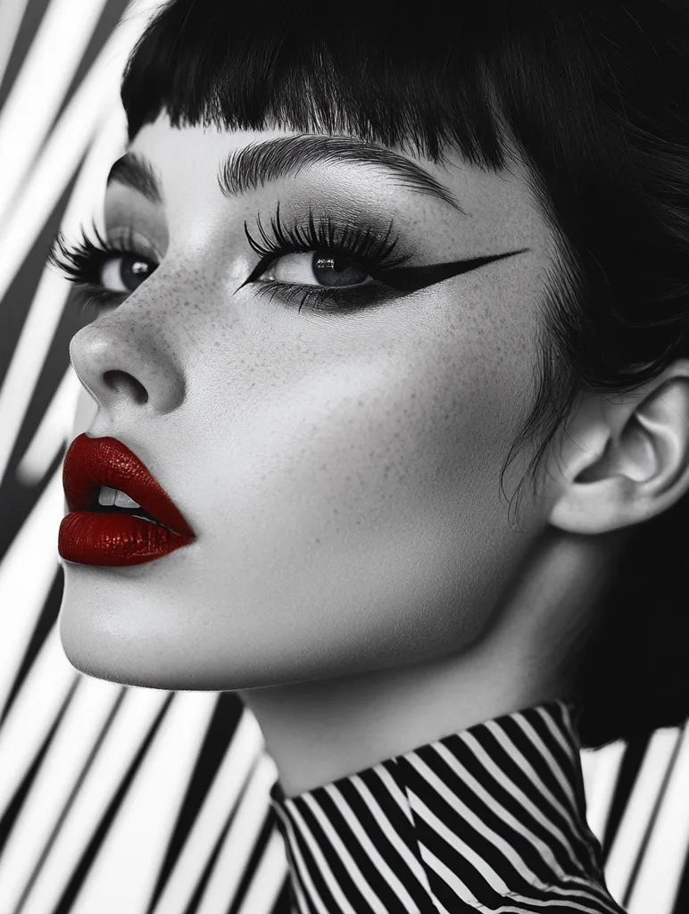 A woman with a sharp, angled eyeliner and bold red lips looks to the side, her face partially obscured by a black and white striped shirt. The image is in black and white, with the red lips being the only color, creating a striking contrast. The woman's expression is cool and confident. The background is a blurred black and white striped pattern.