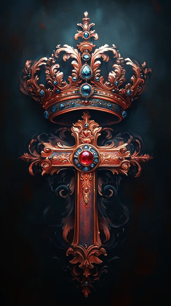 A golden crown adorned with blue jewels sits atop an ornate cross, its center piece a single red jewel. The intricate design of both the crown and the cross is highlighted against a dark, almost black, background. The image evokes a sense of royalty and spirituality, perhaps suggesting a religious figure or a leader blessed by faith.