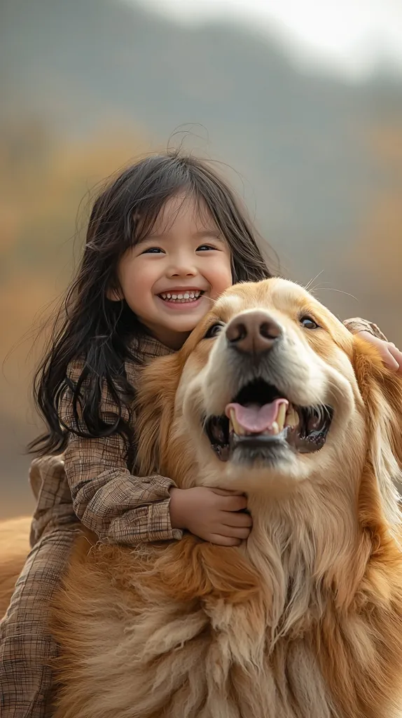 A young girl with long dark hair smiles broadly while sitting on a large golden retriever. The dog is also smiling, with its tongue sticking out. They both look happy and content together. The background is out of focus, highlighting the girl and the dog.  The image captures the playful and affectionate bond between a child and their pet.