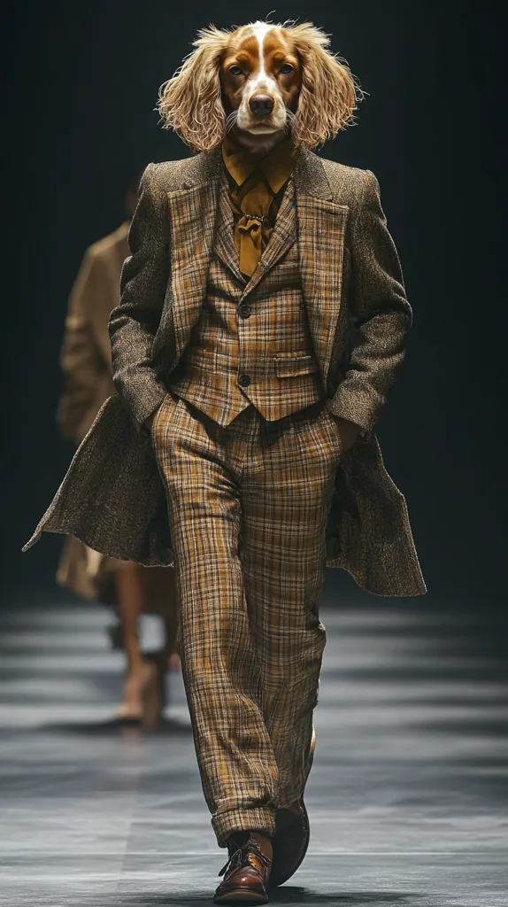 A dog wearing a brown plaid suit walks down a runway. The dog has a brown and white coat with floppy ears. The dog is wearing a brown tie and brown shoes. The dog is walking confidently and looks very dapper.  The runway is a dark gray color and the background is a dark blur.  The dog is in focus while the background is out of focus.