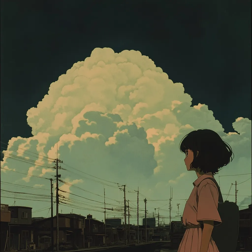 A young woman with short black hair stands in profile, gazing upwards at a large, fluffy cumulus cloud in a dark, overcast sky. She is wearing a pink dress and standing in front of a row of houses with power lines overhead. The scene evokes a sense of quiet contemplation and anticipation.