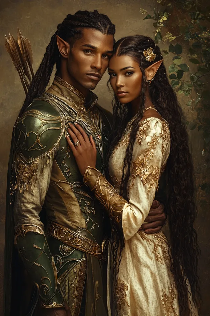 A man and woman, both with pointed ears, stand close together. The man, with long black dreadlocks, wears ornate armor, a green tunic, and a gold belt.  The woman, with long, flowing dark hair, wears a white dress adorned with gold embroidery.  Both have golden jewelry.  Their gaze suggests a connection, perhaps love.  The backdrop is a warm, earthy tone.  The image evokes a sense of fantasy and romance.