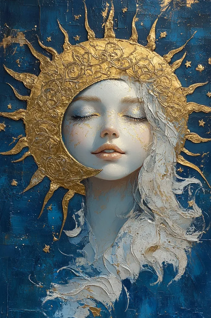 The painting depicts a woman with long flowing white hair and closed eyes. She is adorned with a golden sun halo with a crescent moon embedded within it. The background is a dark blue with gold flecks, creating a celestial and ethereal atmosphere. The woman's expression is serene, suggesting a state of tranquility or contemplation. The overall impression is one of beauty, mystery, and cosmic power.