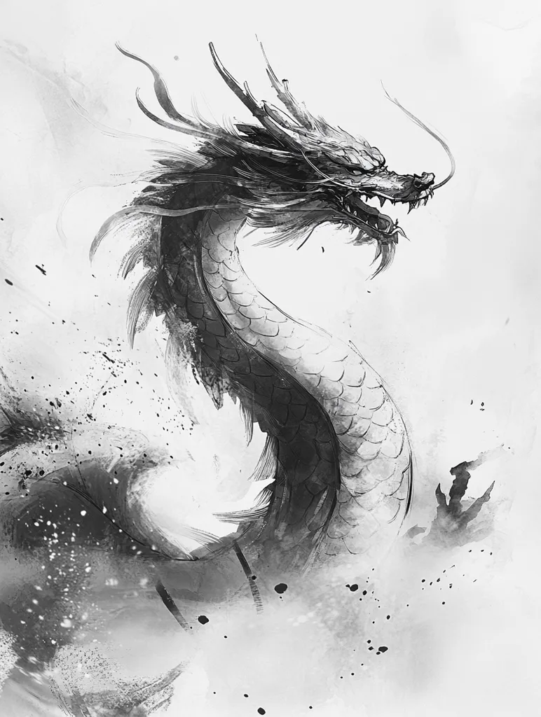 A black and white illustration of a dragon with its head turned to the right, facing the viewer. The dragon is drawn in a traditional Japanese style, with delicate lines and subtle shading. The background is a soft wash of grey and white, with scattered black splotches of ink. The image evokes a sense of power and mystery, with the dragon's sharp teeth and piercing gaze.
