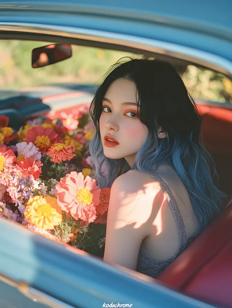A young woman with blue hair sits in the passenger seat of a vintage car. Her face is partially obscured by a bouquet of vibrant pink, yellow, and purple flowers. She wears a grey tank top and stares directly at the camera with a soft expression. The car's interior is red and the exterior is blue. The sunlight casts a warm glow on the scene, creating a dreamy atmosphere.