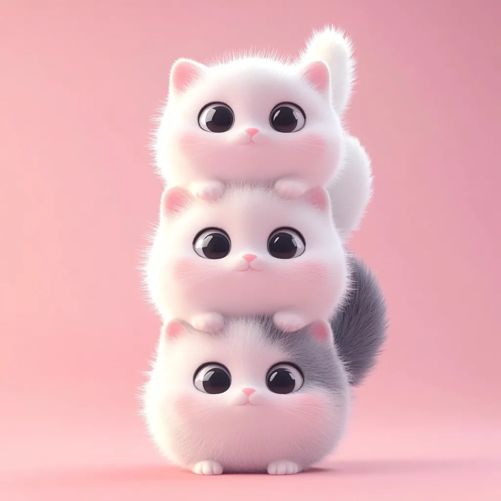 Three fluffy white kittens are stacked on top of each other, looking directly at the camera. The bottom kitten has a small patch of gray fur on its head. The kittens have large black eyes and pink noses, and they are all smiling. The background is a soft pink.  The image is cute and playful.