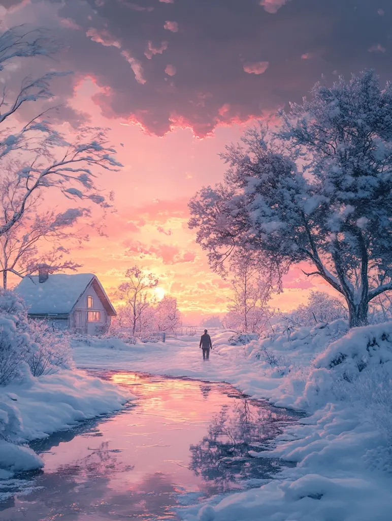 A solitary figure walks along a snowy path, towards a small house nestled in a wintery landscape. The sky is ablaze with a vibrant pink and orange sunset, reflecting off the frozen stream winding through the scene. Bare branches reach towards the sky, adorned with a delicate layer of frost, while the trees in the background stand tall and silhouetted against the glowing horizon. The image evokes a sense of peace and tranquility, capturing the beauty of a winter evening.