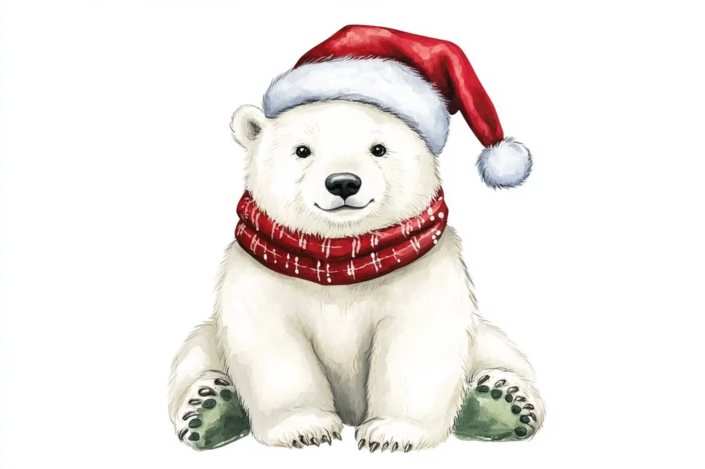 A white polar bear is wearing a red Santa hat and scarf with white pom poms. The bear is sitting with its paws tucked in and looking directly at the viewer with a sweet smile. The watercolor illustration is set against a white background.