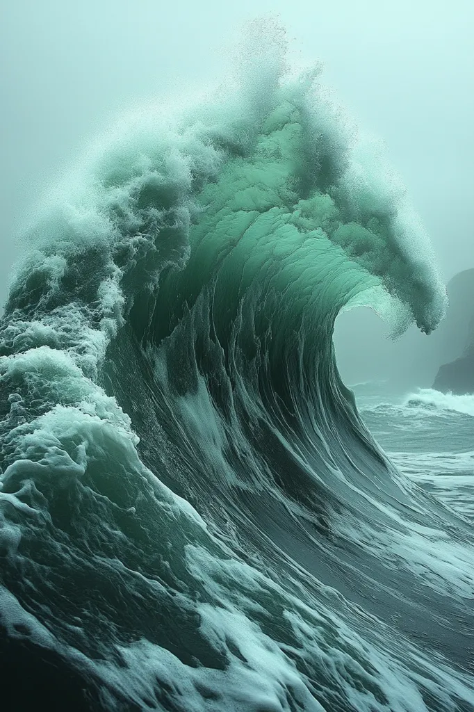 A large, powerful wave crashes against the shore, its crest a towering wall of emerald green water. The wave's surface is a mixture of smooth, glassy water and churning white foam, creating a dramatic and awe-inspiring scene. The background is a hazy, muted green, adding to the sense of power and intensity. The image captures the raw power and beauty of nature, as the wave breaks with an explosive force.
