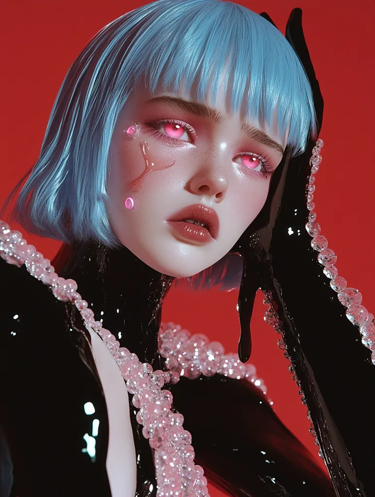 A woman with bright blue hair and pink eyeshadow wears a black, shiny outfit with sparkling details. Her hand is raised to her face, and her expression is a mix of sadness and defiance. The background is a vibrant red. The image evokes a sense of futuristic glamour and mystery.