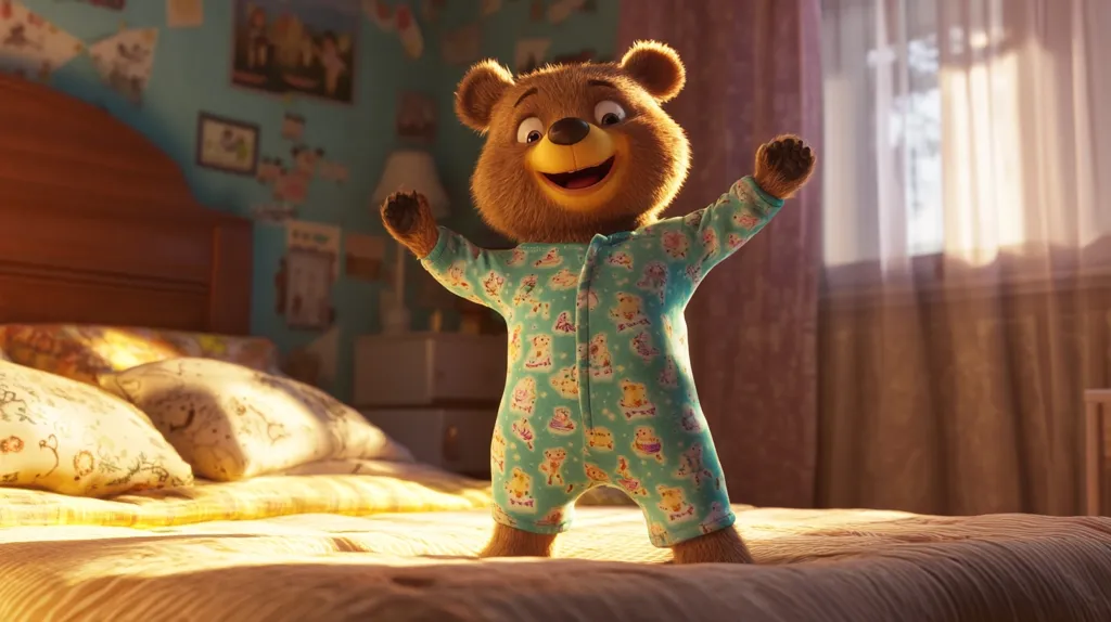 A brown bear wearing blue and yellow pajamas with a pattern of bears is standing on a bed with its arms outstretched. The bear is smiling and looking up, with the sun shining through the window behind it. The bed has white floral bedding and pillows.  The room is decorated with framed pictures and a wooden dresser.  The bear looks happy and full of energy.  It's a whimsical scene, likely from an animated film.