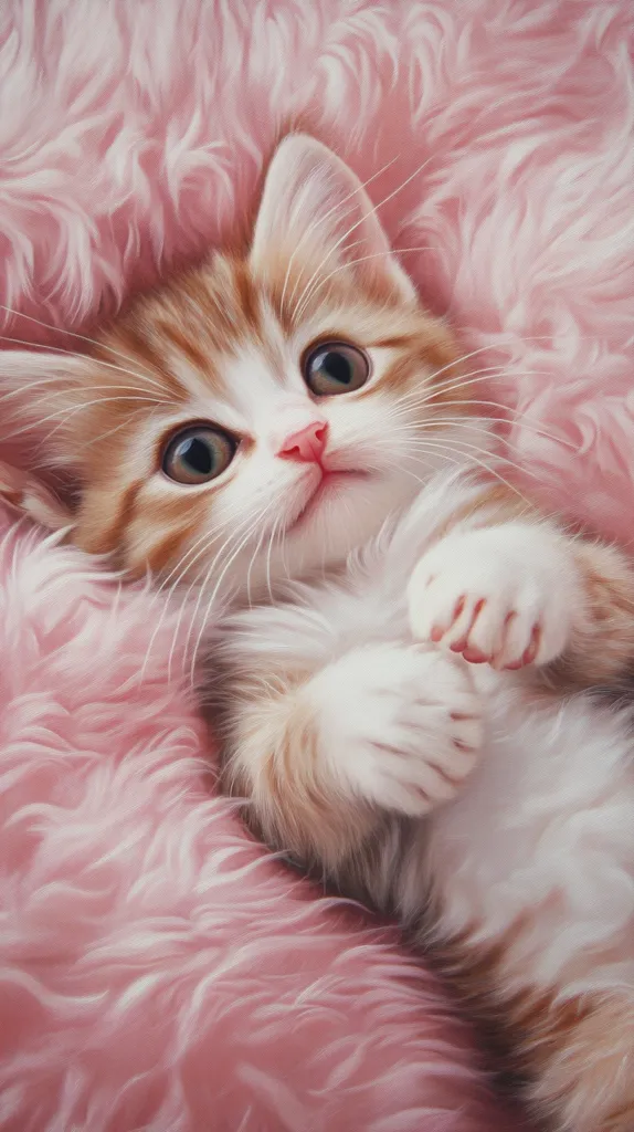 A fluffy, white and ginger kitten lies curled up on a pink fuzzy blanket. Its large green eyes stare directly at the viewer, while its paws are curled up underneath its body. The kitten's soft fur and innocent expression create a sense of warmth and cuteness. The pink blanket provides a soft and comforting backdrop.