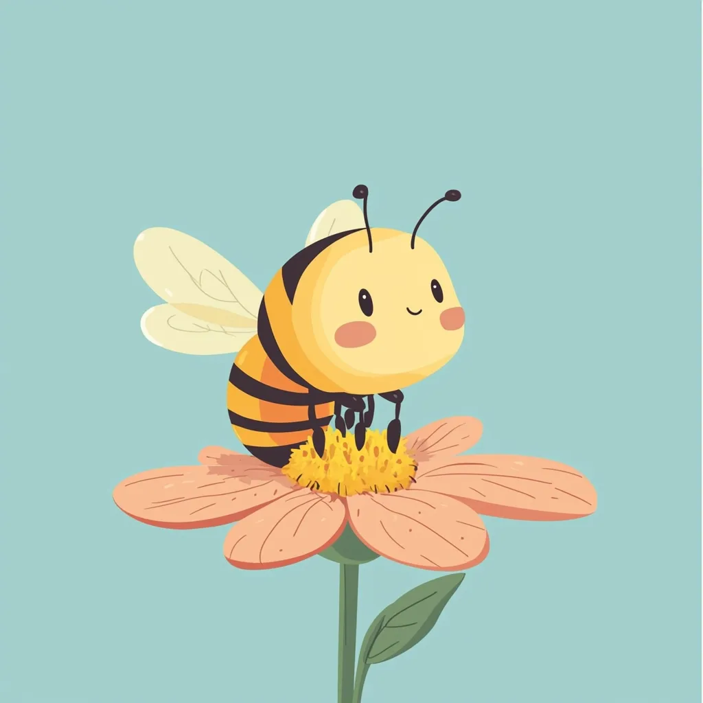 A cartoon bee with big eyes and a smile is perched on a pink flower. Its wings are spread out, and its body is yellow and black striped. The flower has a yellow center and a green stem. The background is a light blue color.