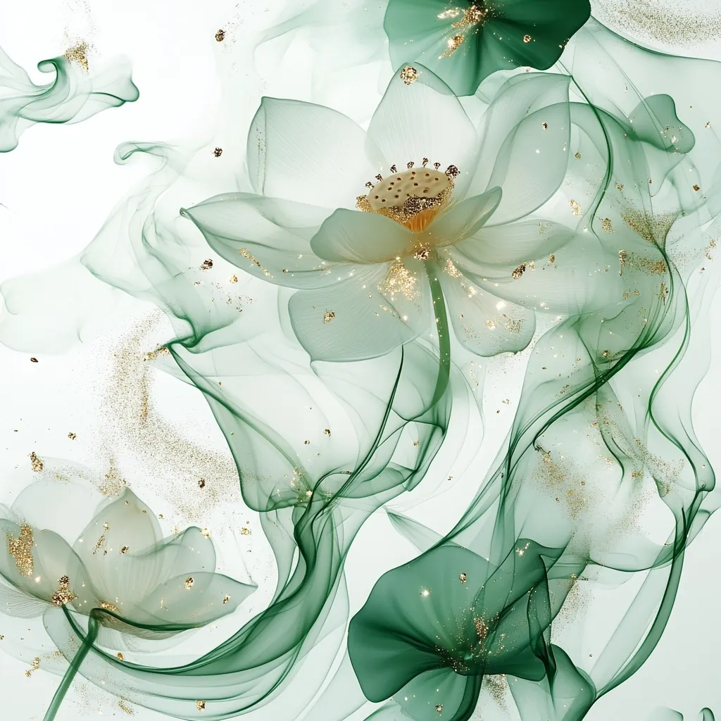 The image depicts a delicate floral design with green and gold hues. The flowers are stylized and semi-transparent, resembling water lilies or lotuses. Swirling green lines evoke a sense of movement and fluidity, while golden flecks add a touch of sparkle and luxury. The overall impression is one of ethereal beauty and tranquility.