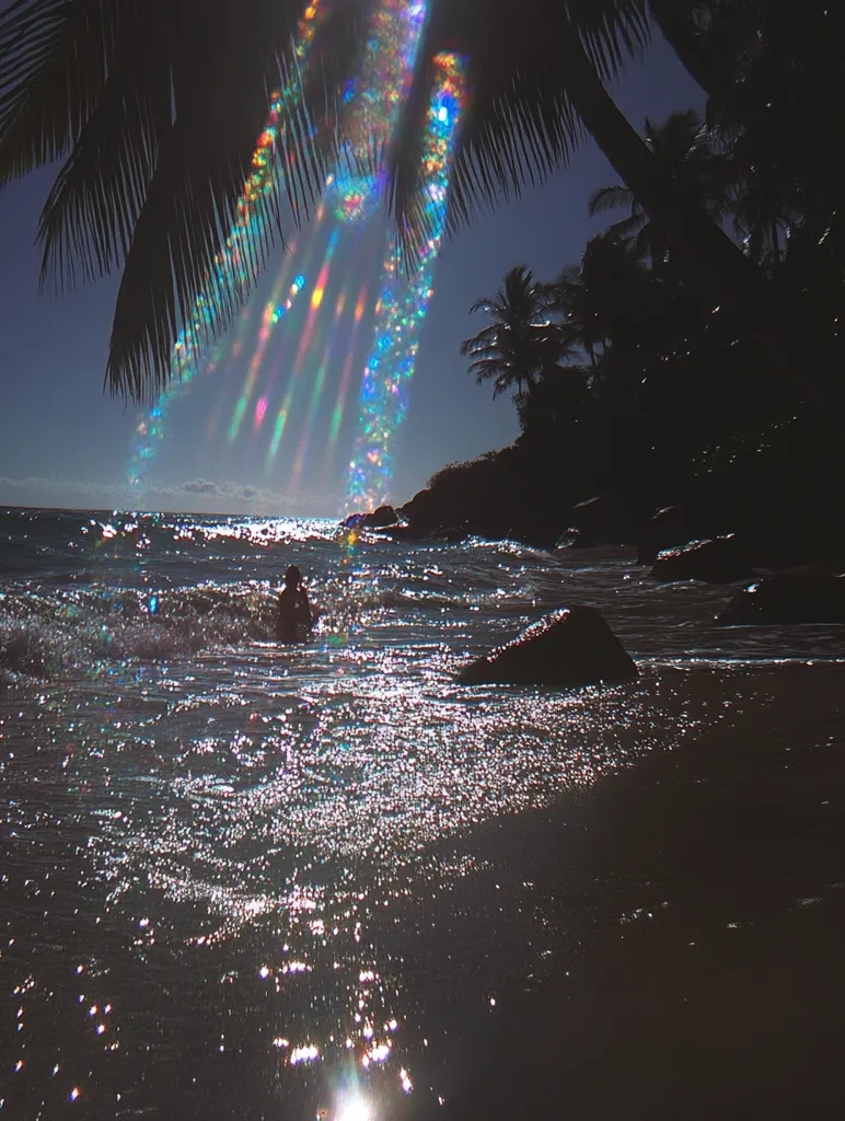 A palm tree silhouettes the horizon with shimmering light refracting from the ocean water below. The sun shines brightly through the leaves, casting colorful rays onto the water. A lone figure swims in the distance. The scene is serene and tranquil, evoking a sense of peace and relaxation.  The beach is sandy, with a few rocks scattered on the shore.