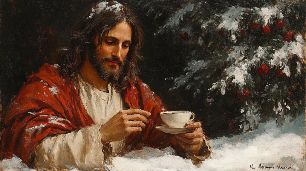 The painting depicts a man, possibly Jesus, sitting in a snowy landscape. He is dressed in a red robe with a white undergarment.  He is holding a cup in his right hand, his left hand resting on his lap. The man's gaze is downwards, suggesting contemplation.  There is a snowy bush with red berries in the background. The painting's soft lighting and muted colors create a sense of peace and quiet contemplation.