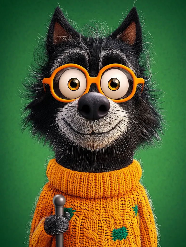 A cartoon wolf with a black and grey coat is wearing a bright orange sweater with green clover designs. It has a black nose, large round eyes, and is wearing large, round orange glasses. The wolf is smiling and holding a grey stick. The background is a solid green.  The image is stylized and appears to be digitally rendered.