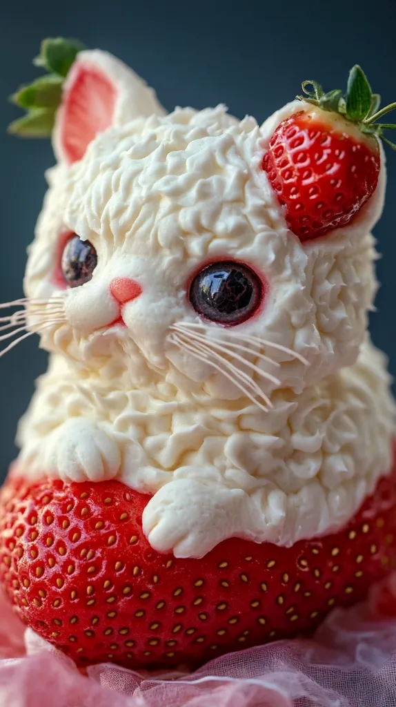 A whimsical creation made from a strawberry and whipped cream resembles a white cat with big eyes. The cat sits on a large strawberry, its body crafted from fluffy white cream, with the top strawberry forming an ear. The cute cat is resting on a pink tulle fabric.
