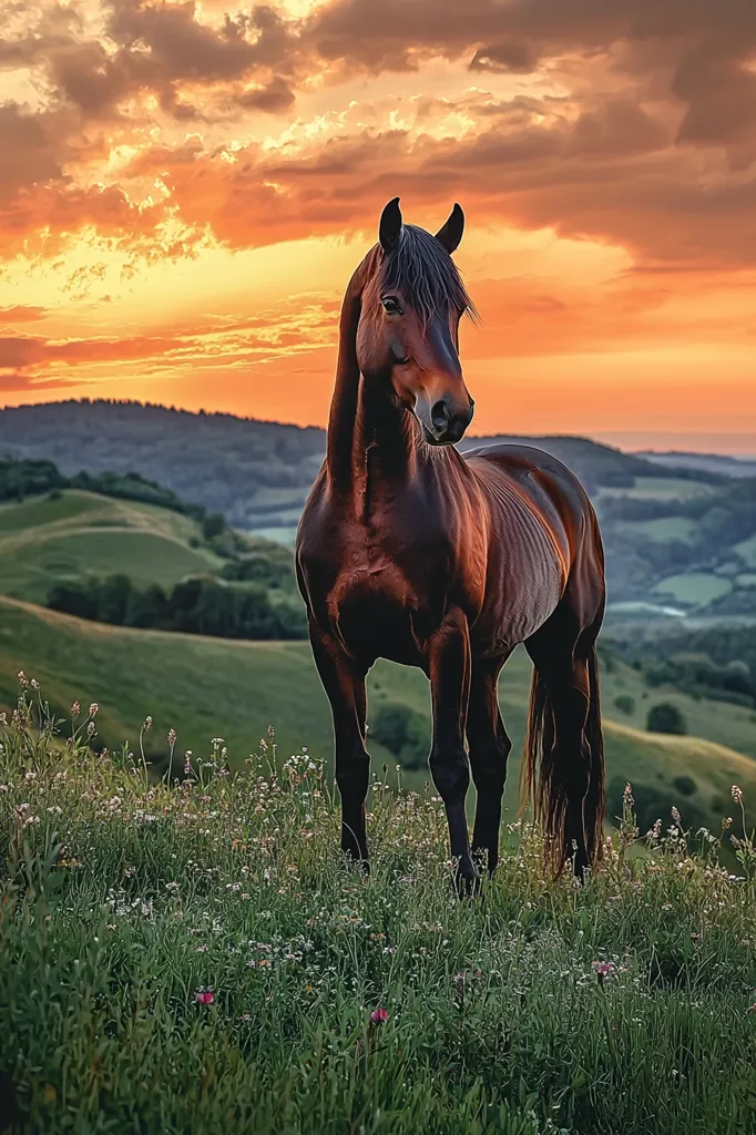 A majestic brown horse stands in a field of green grass and wildflowers. The setting sun casts a warm orange glow over the rolling hills in the background, creating a picturesque scene. The horse's dark coat stands out against the vibrant colors of nature, highlighting its elegant posture and muscular build. The image captures the beauty and tranquility of the natural world.