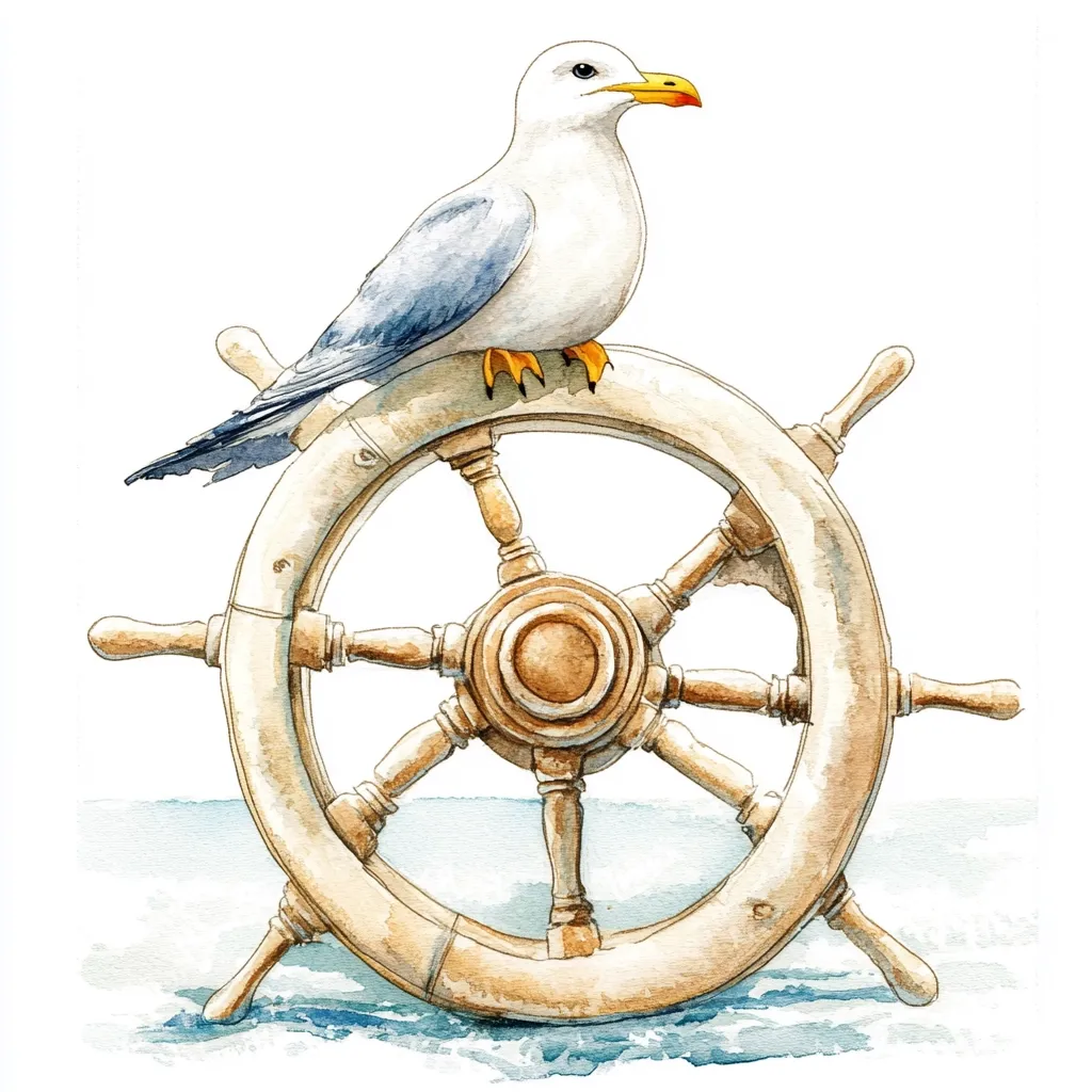 A watercolor painting of a seagull perched on a ship's wheel. The wheel is made of wood and has eight spokes. The seagull is white with gray wings and yellow feet. The background is a light blue, suggesting the sea. The painting is done in a realistic style.