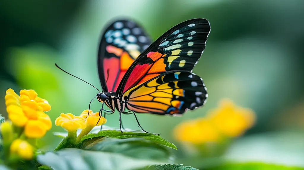 A brightly colored butterfly with black, orange, red, and yellow wings rests on a green leaf. The butterfly has its wings partially open and appears to be about to take flight. In the background, there are yellow flowers, blurred to create a soft, dreamy effect. The vibrant colors of the butterfly contrast with the green foliage, creating a beautiful and lively image.
