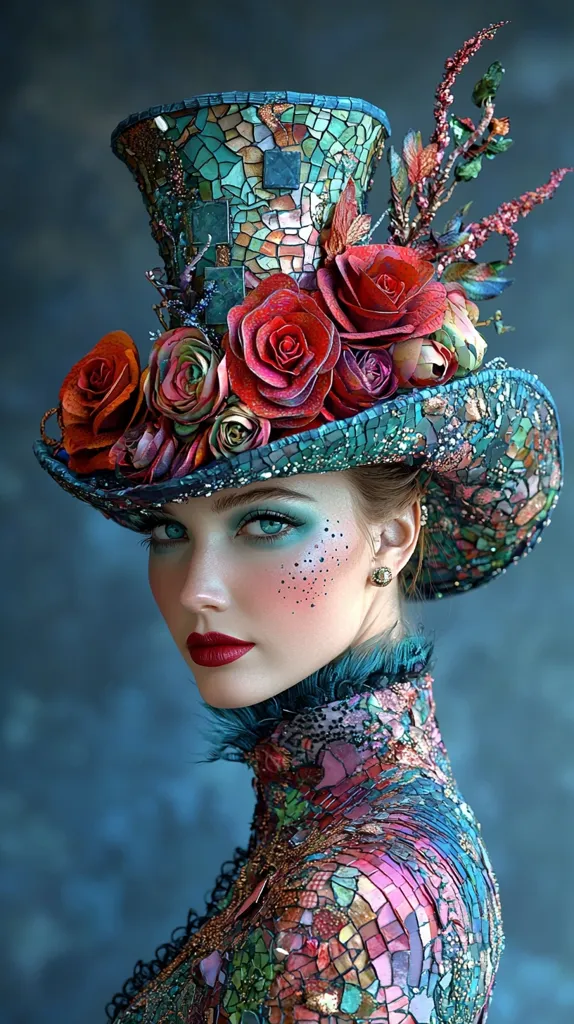 fantastical woman with radiant, otherworldly beauty, wearing a tall, elaborately designed top hat with metallic roses and abstract foliage, intricate patchwork in jewel tones of red, green, blue, and gold. Her makeup is dramatic and vibrant, with shimmering teal and aqua eyes, metallic skin, and glossy red lips. Detailed ornamental filigree designs adorn her cheeks, adding a touch of mystery. High-collared, mosaic-patterned jacket in geometric shapes with rich textures. Fantasy-inspired, regal elegance, modern Mad Hatter or harlequin aesthetic, ultra-realistic, cinematic lighting, intricate detail, hyper-realistic textures, 8K resolution --ar 9:16 --style raw --v 6.1 --q 2 --s 250