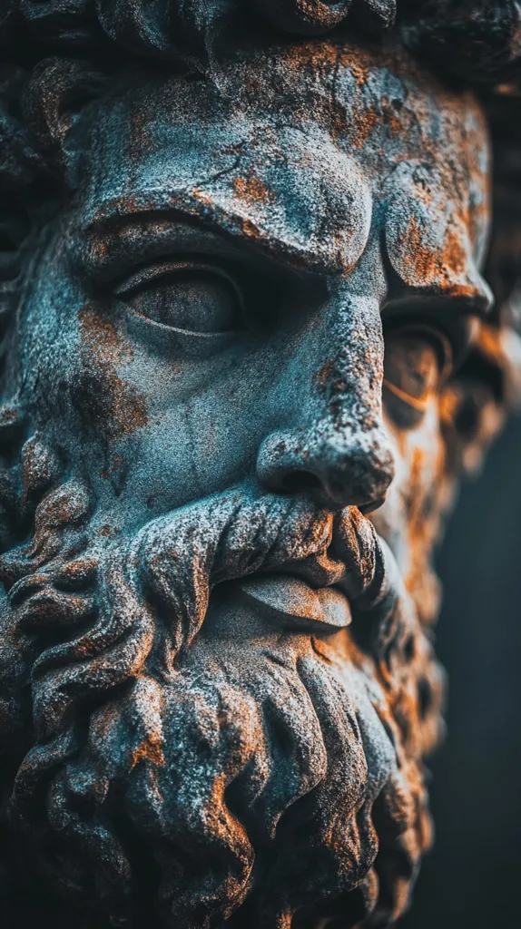 A close-up of a weathered stone sculpture of a man's face. The sculpture is detailed with a long beard and a furrowed brow. The stone is a mixture of blues and browns, with the highlights of the face picked out with a warm light. The sculpture is a stark reminder of the passage of time and the enduring nature of art.