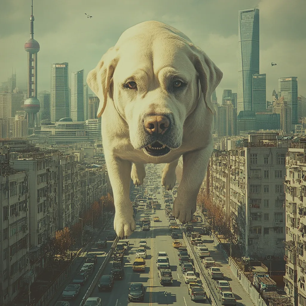 A giant, white Labrador Retriever dog is hovering over a busy city street, looking down at the cars and buildings below.  The city is bustling with activity, and the dog's imposing size makes it feel like a giant predator.  The image is a surreal and humorous juxtaposition of the mundane and the fantastical.