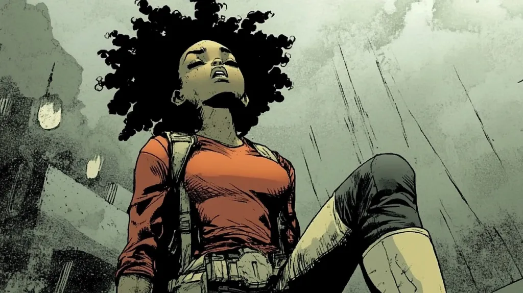 A young woman with dark skin and curly black hair, wearing a red shirt and dark pants, looks up at the sky with a determined expression.  The setting is a gritty urban environment.  The image is drawn in a comic book style with bold lines and shading.  She appears to be a strong and resilient character.