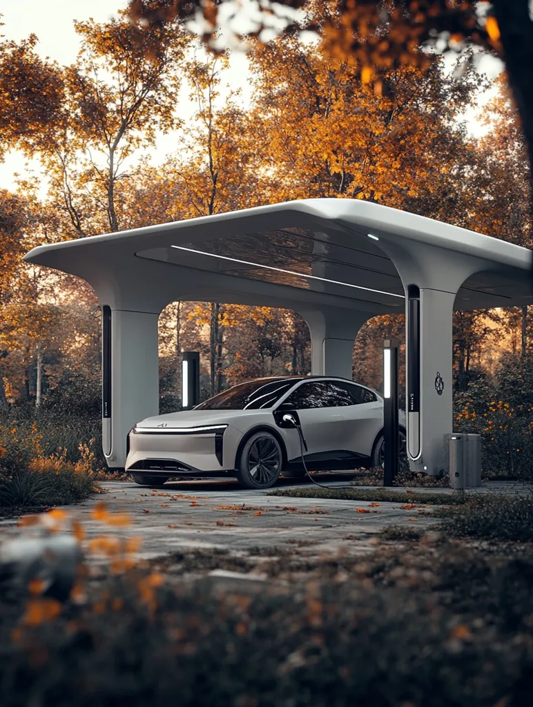 A sleek, futuristic white car is parked under a modern, minimalist charging canopy, surrounded by autumn foliage. The car is plugged in and charging, highlighting the sustainable nature of the scene. The canopy's curved design creates a sense of openness and inviting the viewer into the space. The surrounding trees are vibrant with autumn colors, adding a touch of warmth and serenity to the image.  The overall image is one of progress, sustainability, and modern design.