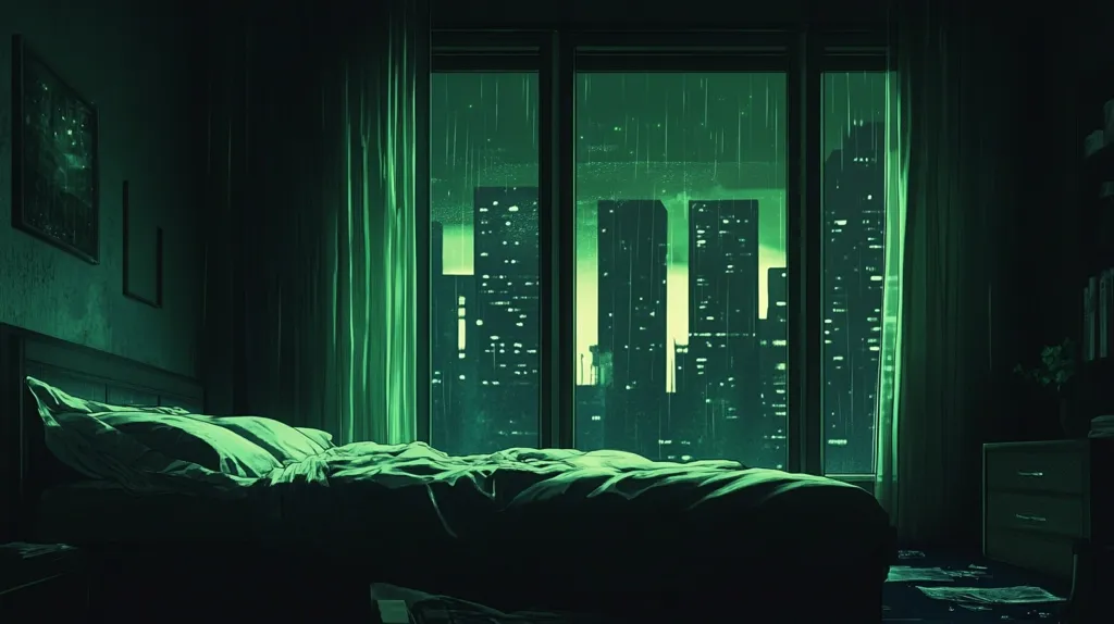 The image depicts a bedroom with a large window overlooking a cityscape. The room is dimly lit, and the city outside is shrouded in a green glow. The bed is unmade, with pillows and sheets strewn about. Rain is falling outside, and the city lights create a mesmerizing effect.  The atmosphere is calm and peaceful, inviting the viewer to relax and contemplate the beauty of the city.