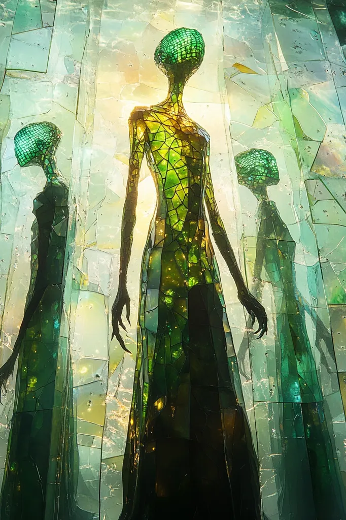The image depicts three humanoid figures, standing tall against a background of fragmented green glass. The figures are made of the same glass, their forms fragmented and overlapping, creating an otherworldly and ethereal effect. The central figure is the tallest, with a more defined outline and a long, flowing dress made of the green mosaic. The background is a mosaic of glass shards, suggesting a shattered or broken world. The overall impression is one of mystery and intrigue, with the figures seemingly emerging from a fragmented reality.