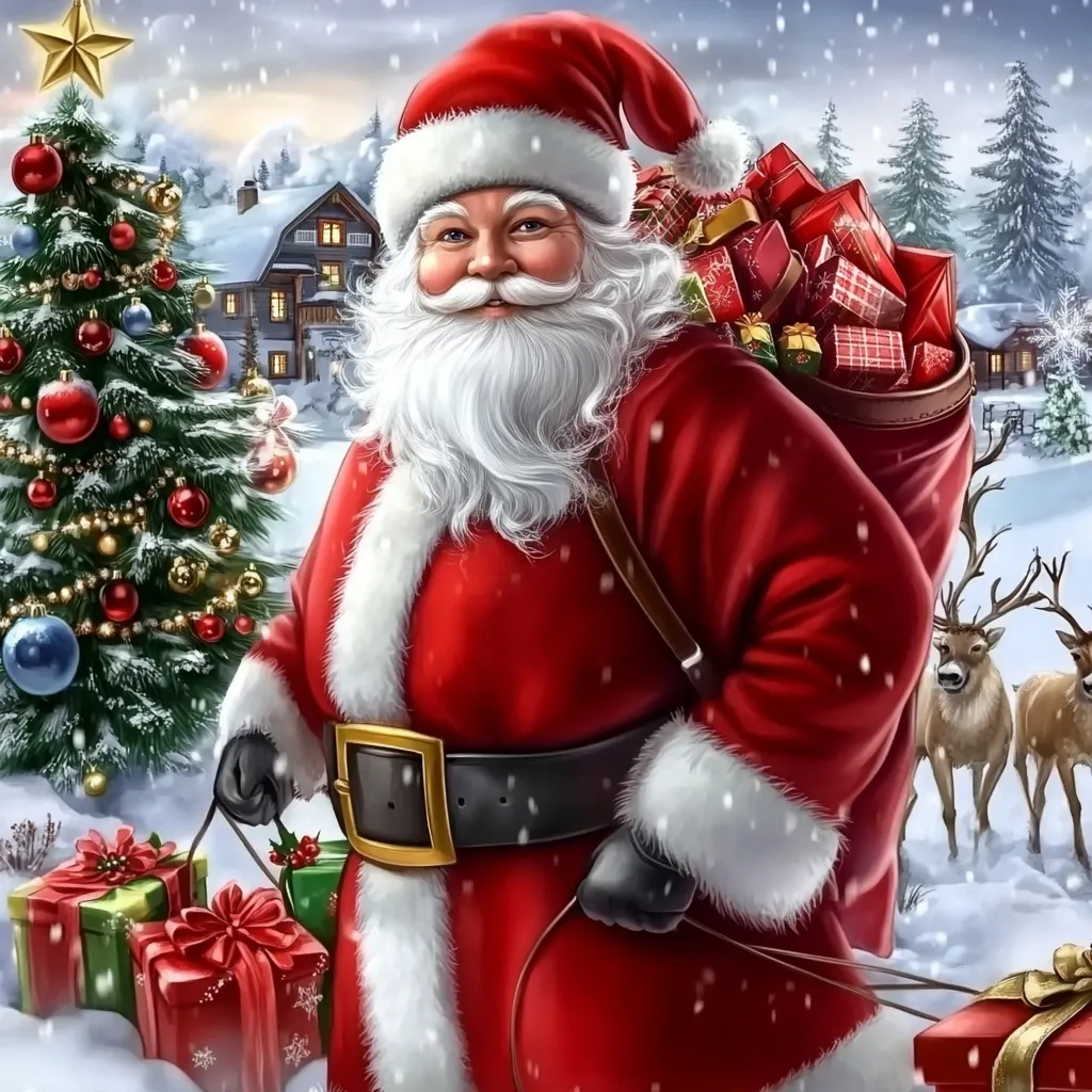 Santa Claus, dressed in his traditional red suit and white beard, stands in a snowy winter scene. He is carrying a large sack filled with presents on his back, and there is a decorated Christmas tree behind him. He is pulling a sleigh filled with gifts. Two reindeer are standing to his right, and a snow-covered house is visible in the background.  The image is a festive and cheerful representation of Christmas.